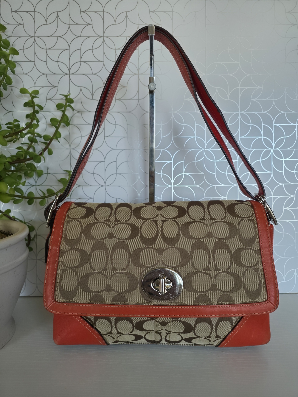 Coach Beige Signature Canvas Shoulder Bag with Red Trim